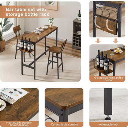 Bar Table Set with wine bottle storage rack. Rustic Brown, 47.24" L x 15.75" W x 35.43" H.