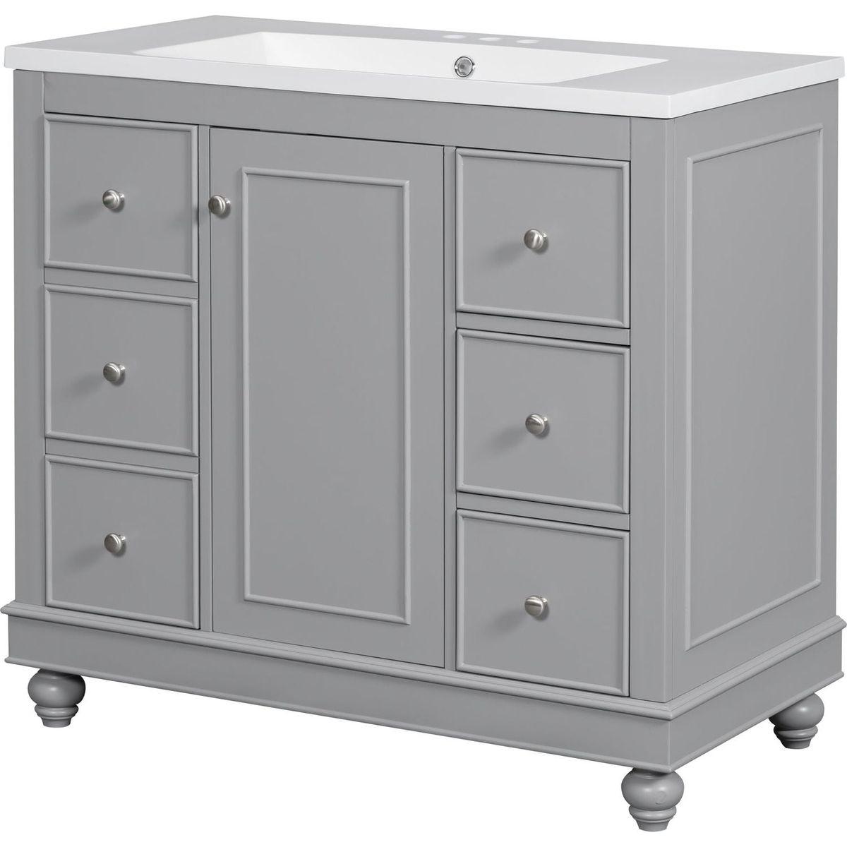 Contemporary Gray Bathroom Vanity Cabinet - 36x18x34 inches, 4 Drawers & 1 Cabinet Door, Multipurpose Storage, Resin Integrated Sink, Adjustable Shelves, Solid Wood Frame with MDF