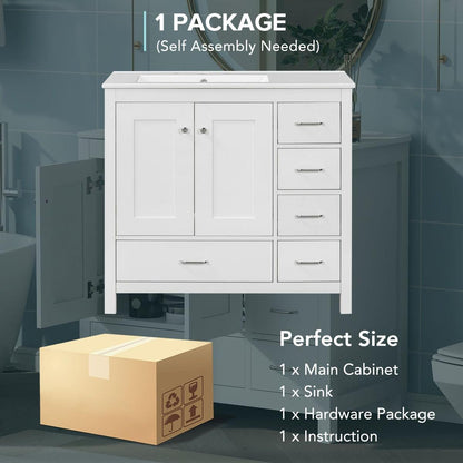 36" White Bathroom Vanity with Ceramic Sink Combo, Abundant Storage Cabinet -2 Soft-close doors and 5 drawers