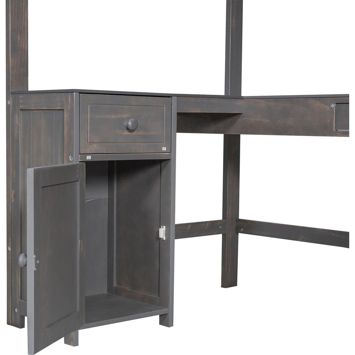 Twin Size Loft Bed with U-shaped Desk, Drawers and Storage Shelves, Antique Brown