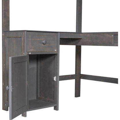 Twin Size Loft Bed with U-shaped Desk, Drawers and Storage Shelves, Antique Brown