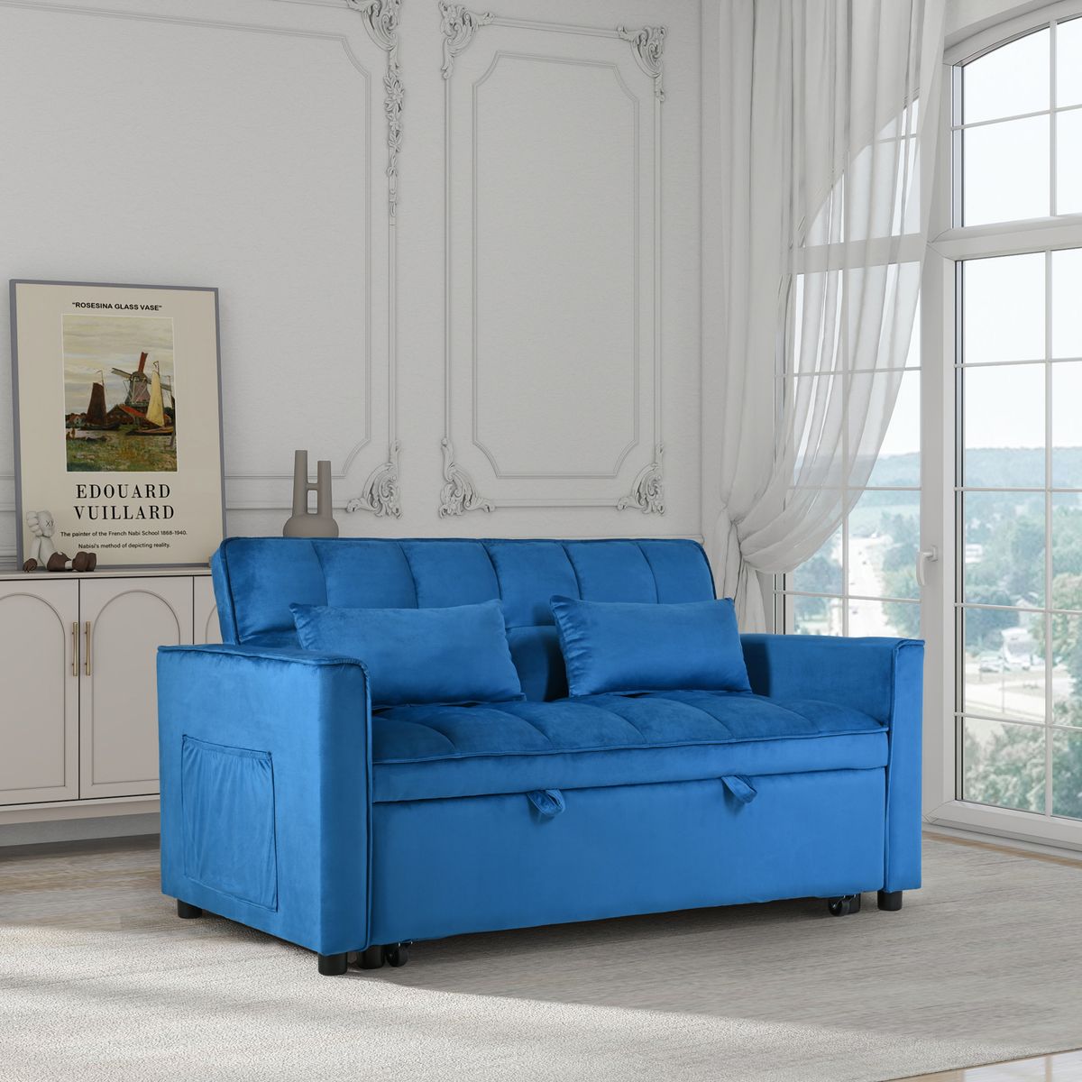 Convertible Sofa Bed,3-in-1 Pull Out Couch Bed with Reclining Backrest and Pillows,Sofa Bed Chair Full Convertible Sleeper Loveseat for  Living Room, Home or Office(Blue)