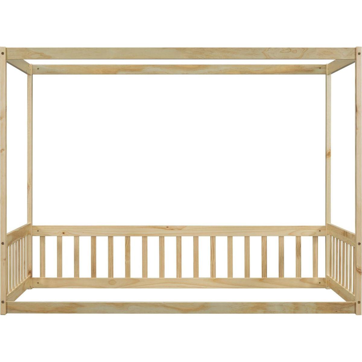 Twin Size Canopy Frame Floor Bed with Fence, Guardrails,Natural