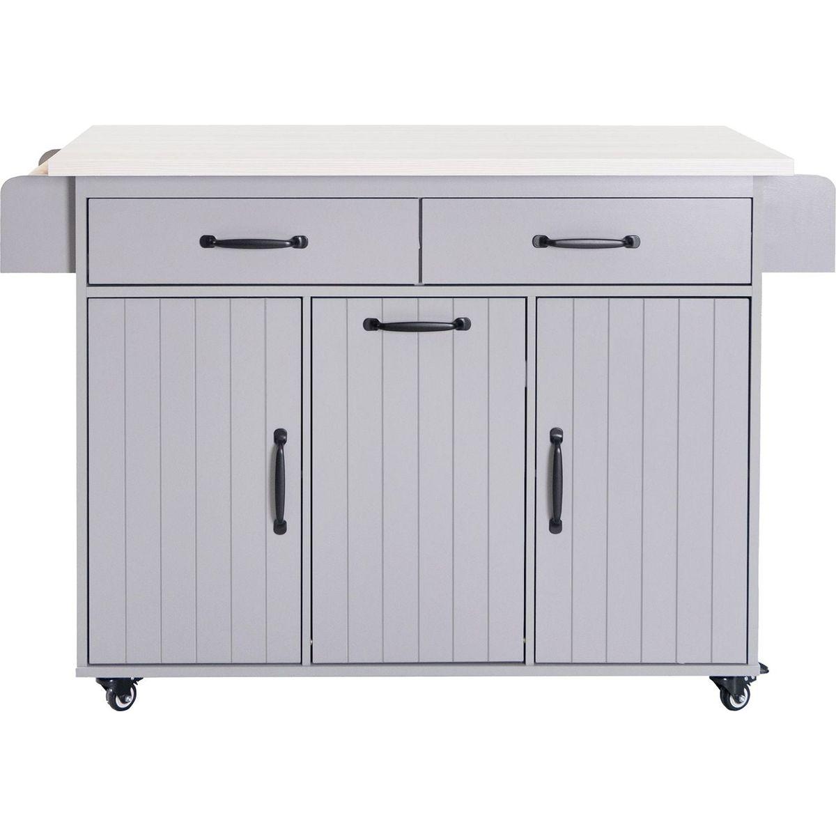 Kitchen Island with Trash Can Storage Cabinet, Kitchen Cart with Drop Leaf, Spice Rack, Towel Rack and Drawer, Rolling Kitchen Island on Wheels with Adjustable Shelf, Grey