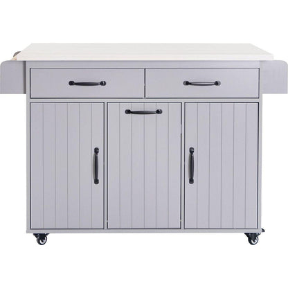 Kitchen Island with Trash Can Storage Cabinet, Kitchen Cart with Drop Leaf, Spice Rack, Towel Rack and Drawer, Rolling Kitchen Island on Wheels with Adjustable Shelf, Grey