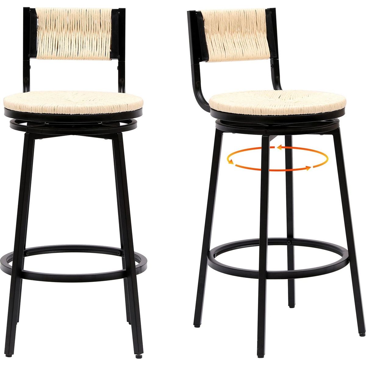 Creamy White Bar Stools Swivel Counter Chairs with Metal Frame Set of 2 Hand Woven Paper Rope Dining Barstools for Kitchen Counter (Creamy White)