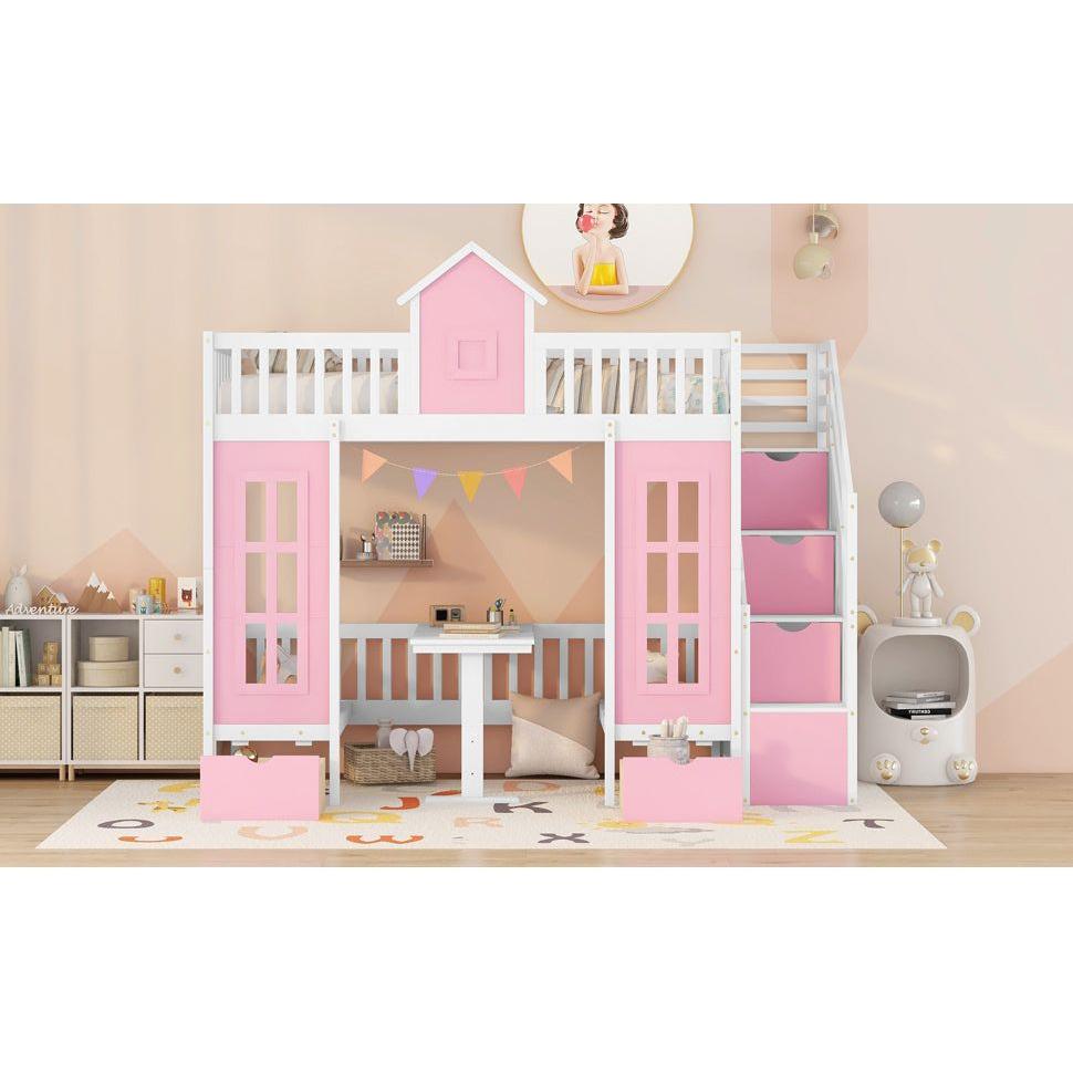 Twin-Over-Twin Bunk Bed with Changeable Table, Bunk Bed Turn into Upper Bed and Down Desk -Pink