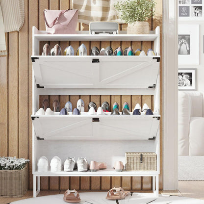 Shoe Cabinet with 2 Flip Drawers,Shoe Storage Cabinet for Entryway,Freestanding Shoe Cabinet Organizer with Open Storage,Narrow Farmhouse Shoe Rack with Metal Corner Decoration Legs,White
