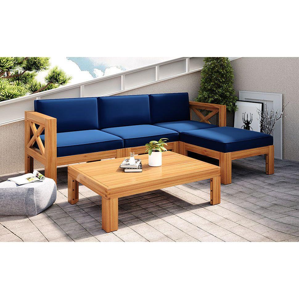 Outdoor Backyard Patio Wood 5-Piece Sectional Sofa Seating Group Set with Cushions, Natural Finish+ Blue Cushions