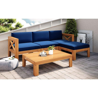 Outdoor Backyard Patio Wood 5-Piece Sectional Sofa Seating Group Set with Cushions, Natural Finish+ Blue Cushions