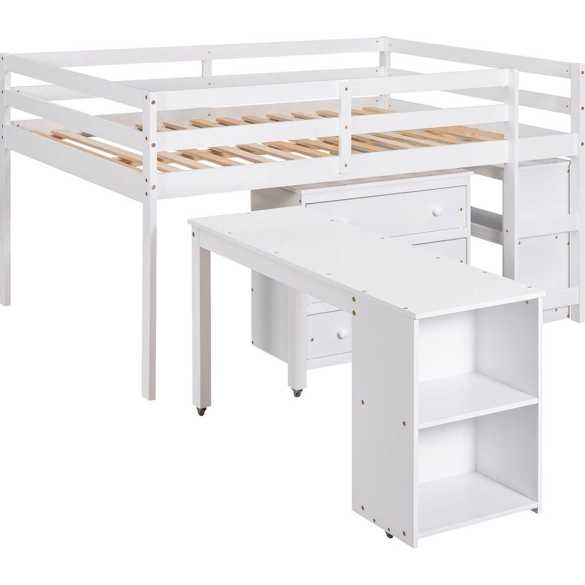Low Study Full Loft Bed with Cabinet, Shelves and Rolling Portable Desk, Multiple Functions Bed- White