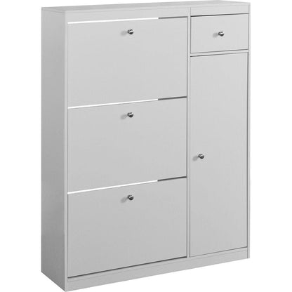 Shoe Cabinet,Freestanding Tipping Bucket Shoe Rack Organizer with 3 Flip Drawers,Entryway Narrow Shoe Storage with Adjustable Storage Shelf,Modern Slim Hidden Shoe Cabinet, White