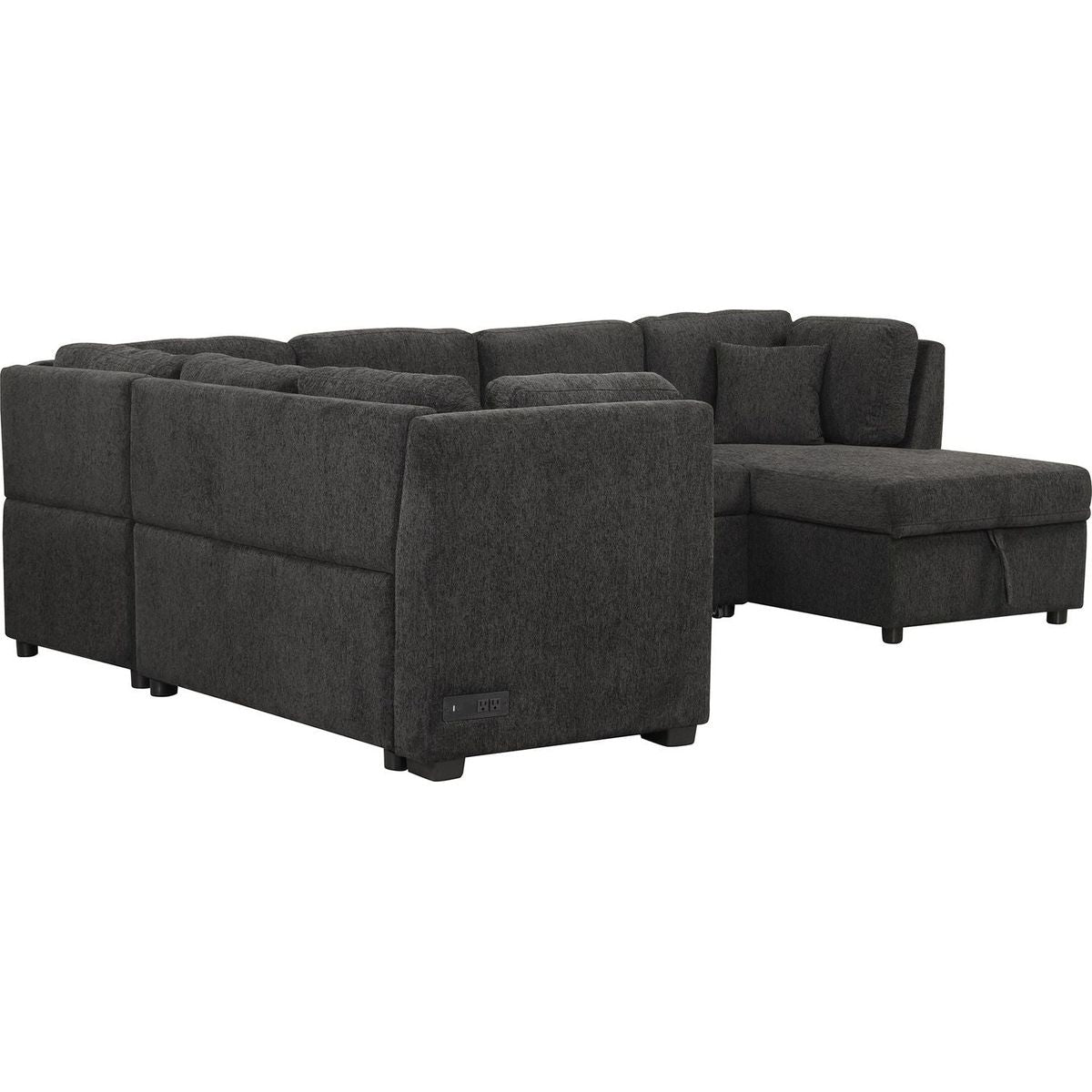 108.6" U-shaped Sectional Sofa Pull out Sofa Bed with Two USB Ports, Two Power Sockets, Three Back Pillows and a Storage Chaise for Living Room, Black