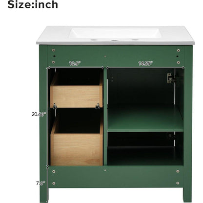 30-Inch Green Bathroom Vanity with Ceramic Sink and Ample Storage - Ideal Choice for Small Bathrooms