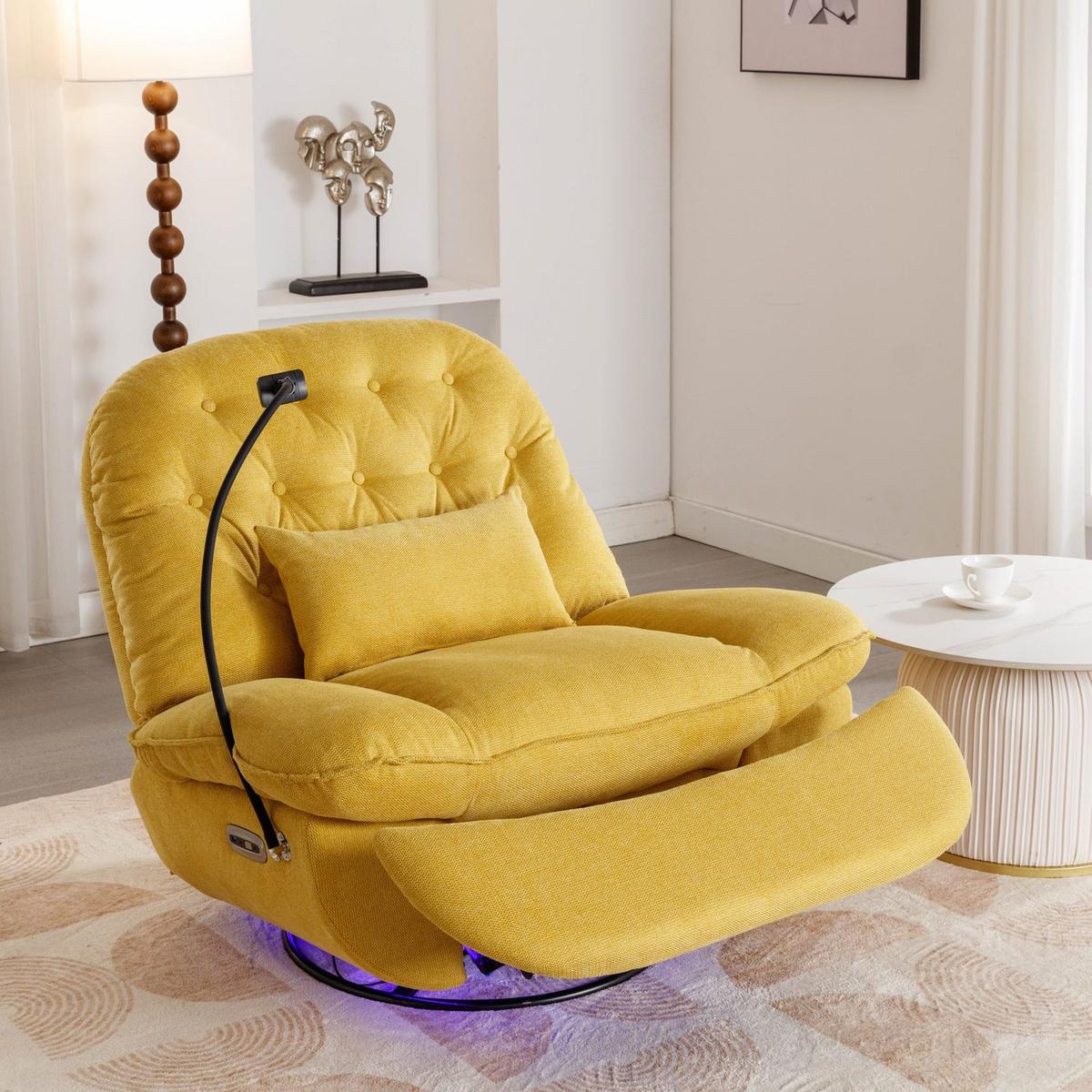 270 Degree Swivel Power Recliner with Voice Control, Bluetooth Music Player,USB Ports, Atmosphere Lamp, Hidden Arm Storage and Mobile Phone Holder for Living Room, Bedroom, Apartment, Yellow