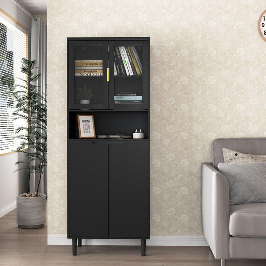 Tall Storage Bookcase with 2 Glass Display Door & 2 Doors, Tall Kitchen Pantry Cabinet with Gold Handles, Modern Cabinet Freestanding Living Room Black