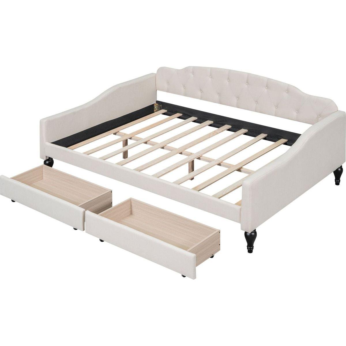 Full Size Upholstered Tufted Daybed with Two Drawers, Beige