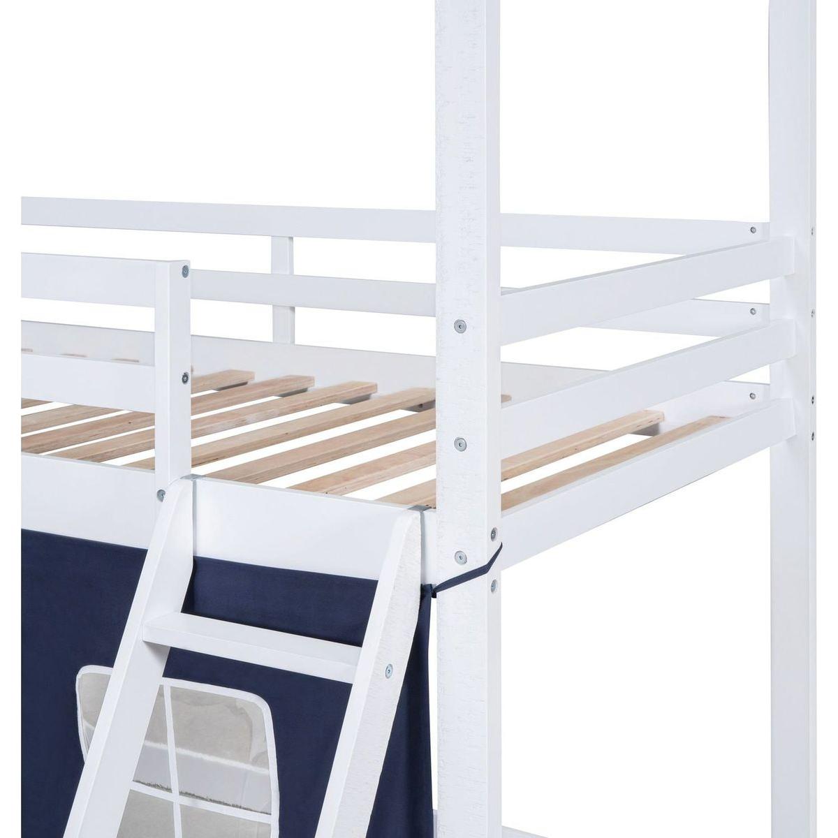 Twin Size Bunk Wood House Bed with Elegant Windows, Sills and Tent, Blue+White