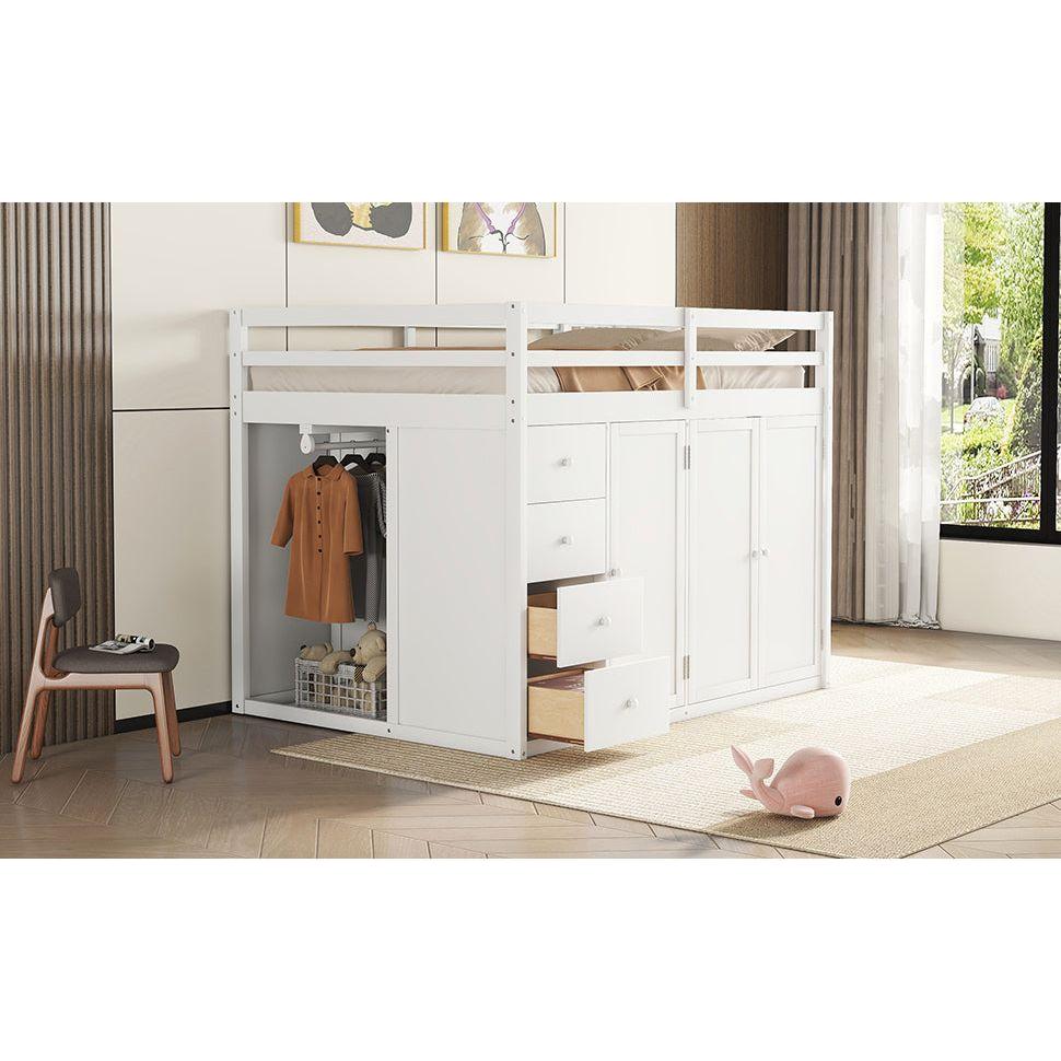 Full Size Wood Loft Bed With Built-in Wardrobes, Cabinets and Drawers, White