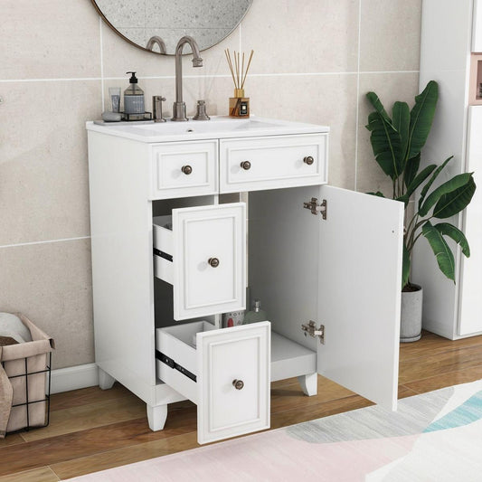 24-Inch Bathroom Vanity Cabinet with Ceramic Sink, 2 Drawers, 1 Door