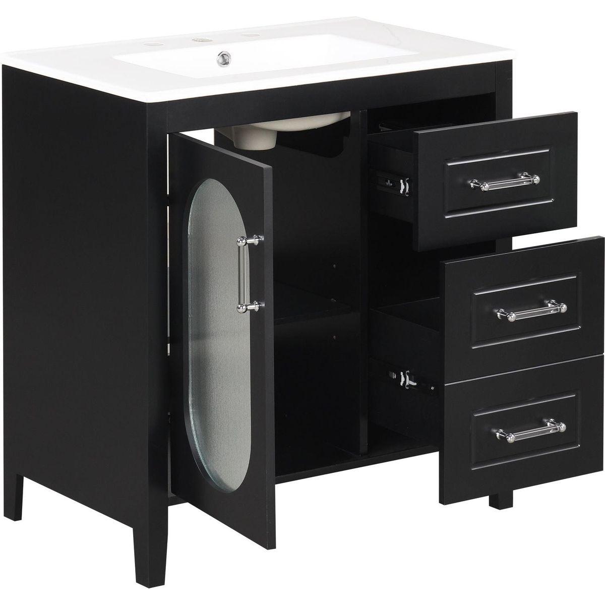 30" Bathroom Vanity with Sink, Bathroom Vanity Cabinet with Two Drawers and Door, Adjustable Shelf, Solid Wood and MDF, Black