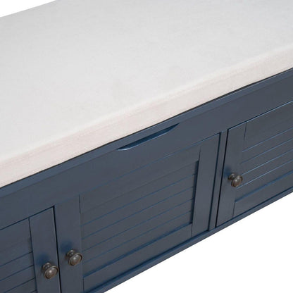 Storage Bench with 3 Shutter-shaped Doors, Shoe Bench with Removable Cushion and Hidden Storage Space (Antique Navy