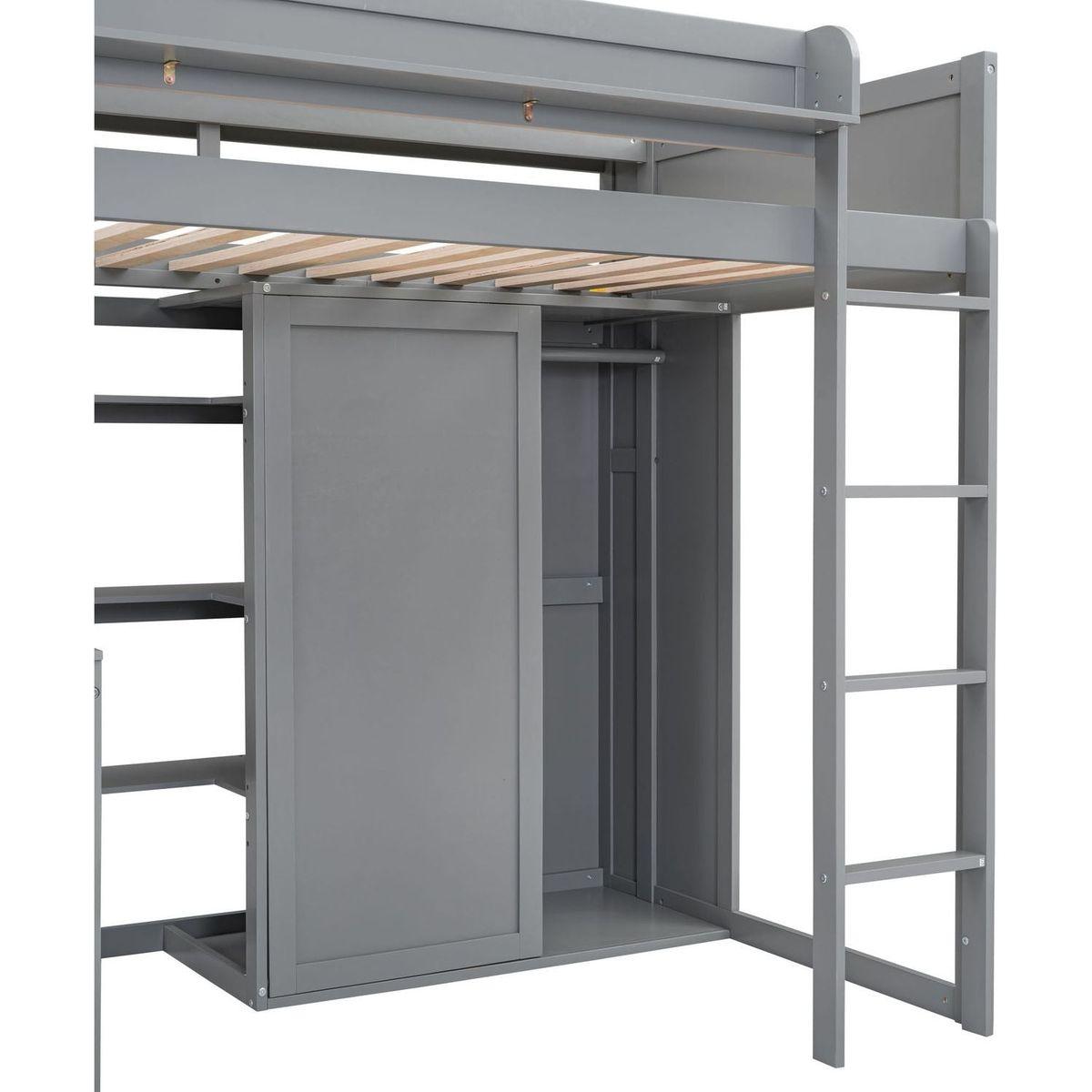 Wood Twin Size Loft bed with Multiple Storage Shelves and Wardrobe, Gray