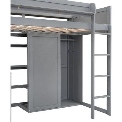 Wood Twin Size Loft bed with Multiple Storage Shelves and Wardrobe, Gray