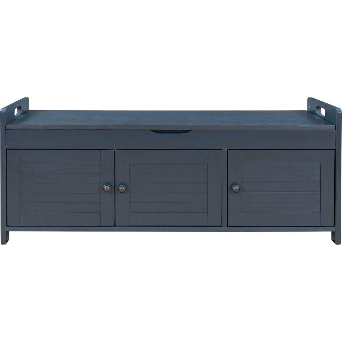Storage Bench with 3 Shutter-shaped Doors, Shoe Bench with Removable Cushion and Hidden Storage Space (Antique Navy