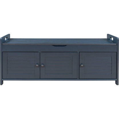 Storage Bench with 3 Shutter-shaped Doors, Shoe Bench with Removable Cushion and Hidden Storage Space (Antique Navy