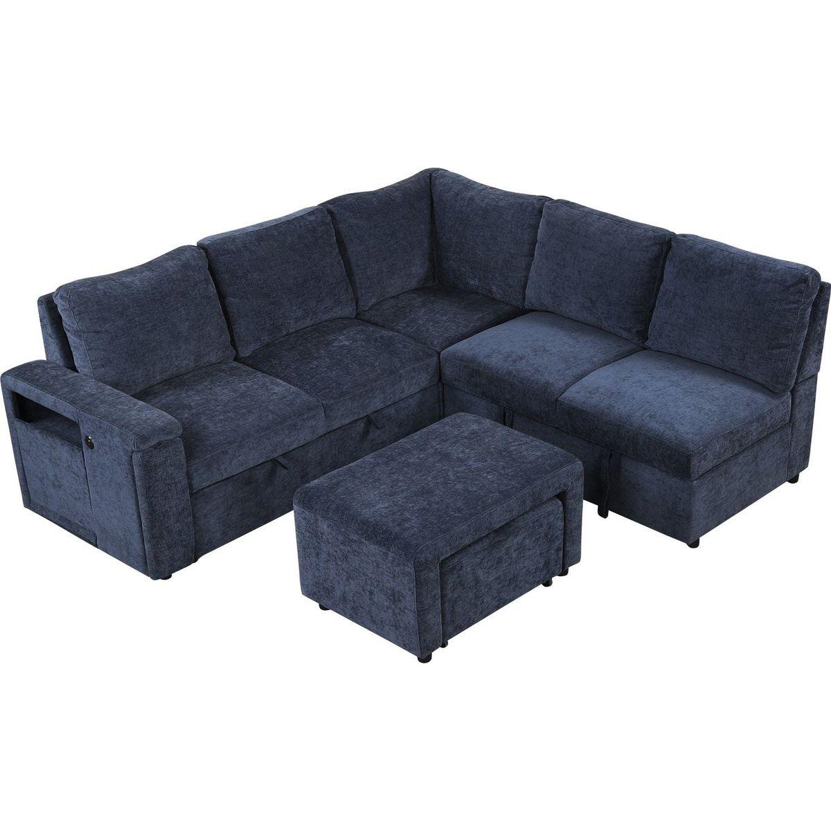 L-shaped Padded Modular Sofa with Storage Space, USB Ports, and Cup Holders on the Armrests, Suitable for Living Rooms, Offices, and Apartments.
