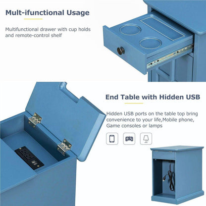 Classic Vintage Livingroom End Table Side Table with USB Ports and One Multifunctional Drawer with cup holders, Antique Navy - Streamdale Furniture