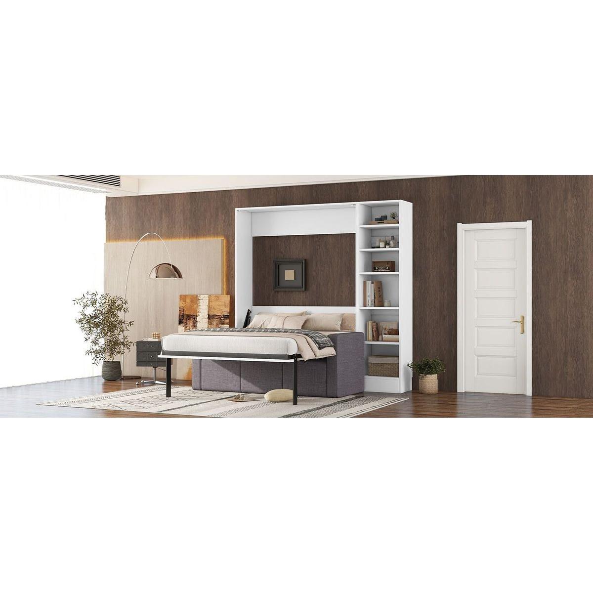 Full Size Murphy Bed Wall Bed with Sofa,with Shelves,White