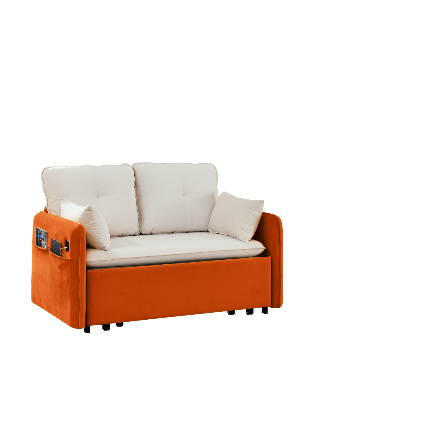 53" Modern Convertible Sofa Bed w/2 Removable Armrests w/USB Power Port, Velvet Recliner Adjustable Sofa w/Head Pull-Out Bed, 2 Pillows, For Living Room Apartment etc., White-Orange