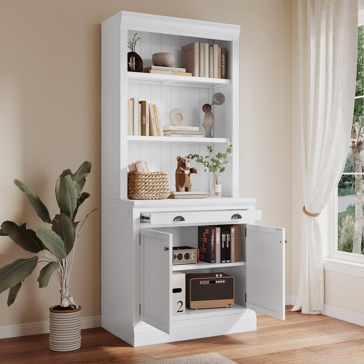 83.4"Tall Bookshelf with LED Lighting, Modern Bookcase with 2 Doors and 1 Drawer,Storage Bookcase with Open Shelves for Living Room,Home Office,White