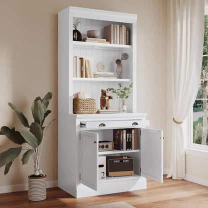 83.4"Tall Bookshelf with LED Lighting, Modern Bookcase with 2 Doors and 1 Drawer,Storage Bookcase with Open Shelves for Living Room,Home Office,White