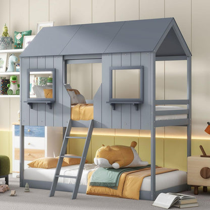 Twin Over Twin Bunk Bed Wood Bed with Roof, Window, Guardrail, Ladder (Gray)