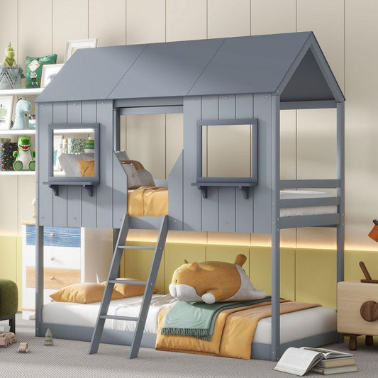 Twin Over Twin Bunk Bed Wood Bed with Roof, Window, Guardrail, Ladder (Gray)