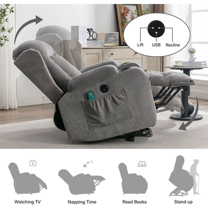 Power Lift Recliner Chair Recliners for Elderly with Heat and Massage Recliner Chair for Living Room with Infinite Position and Side Pocket,USB Charge Port(GREY)