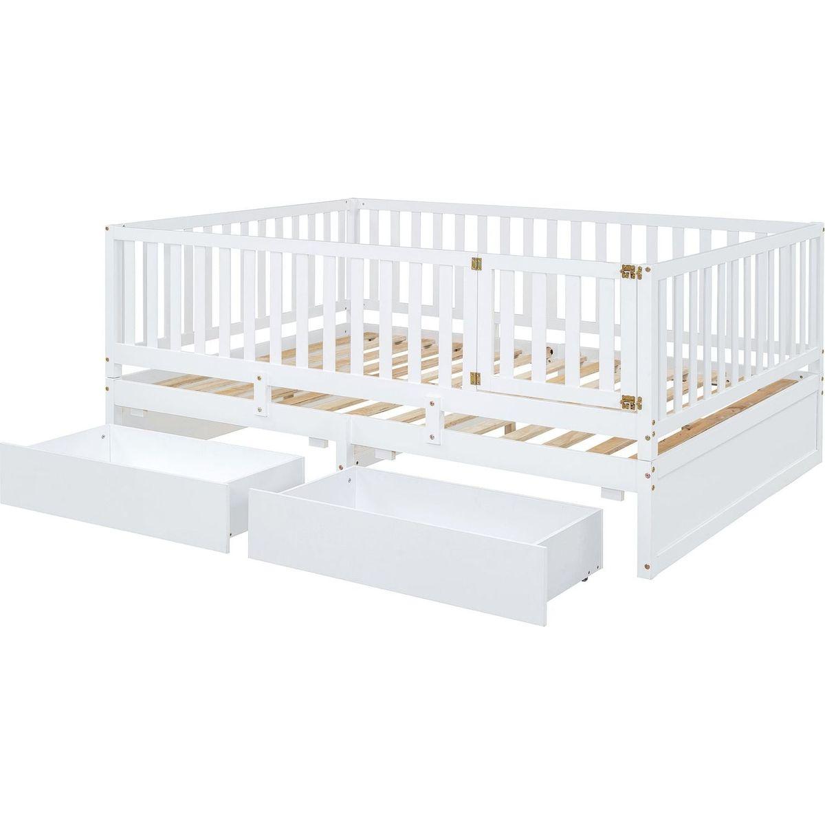 Full Size Wood Daybed with Fence Guardrails and 2 Drawers, Split into Independent Floor Bed & Daybed, White