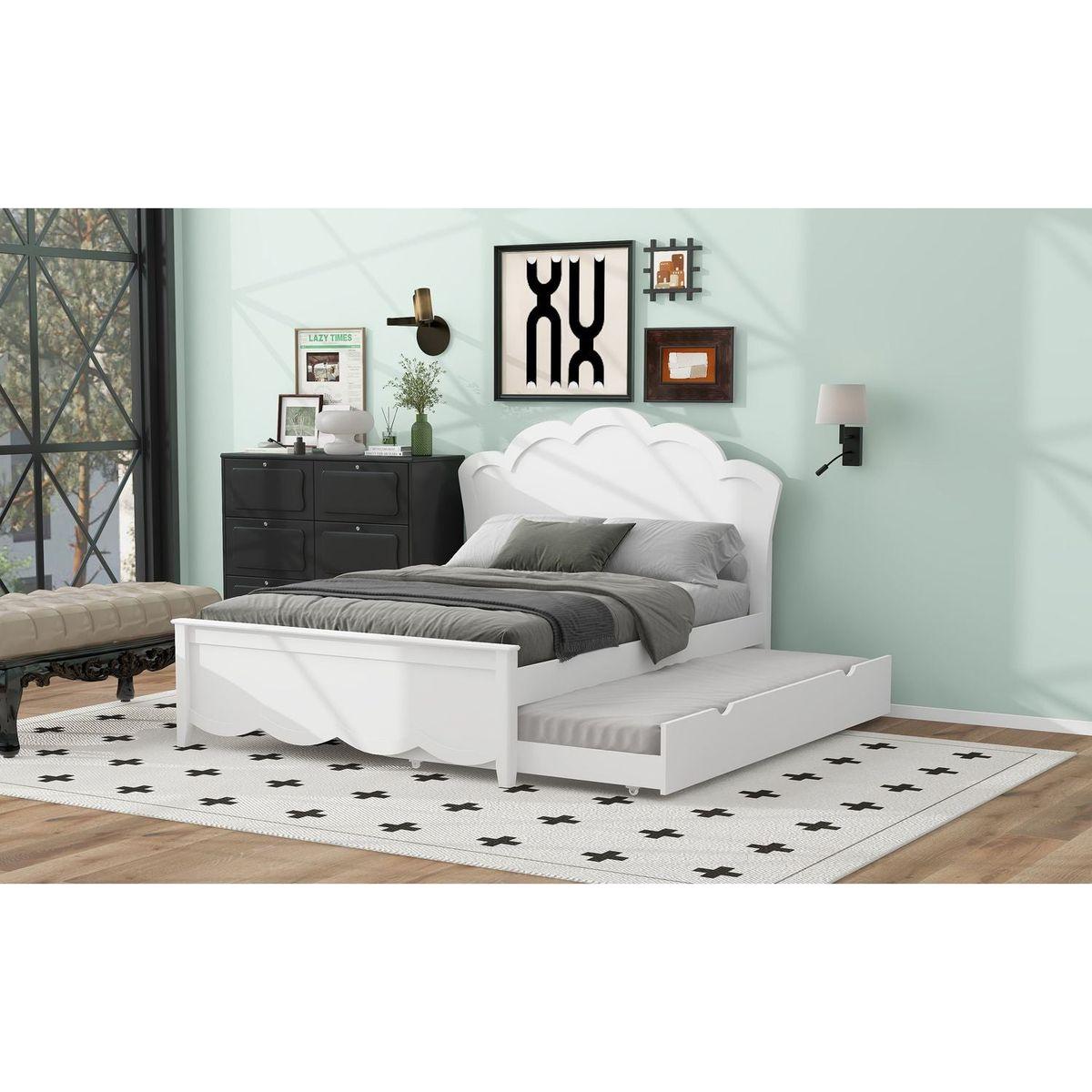 Full Size Wood Platform Bed with Headboard and Twin Size Trundle, White - Streamdale Furniture