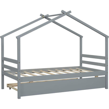 Twin Size House-shaped Bed with Trundle,Grey