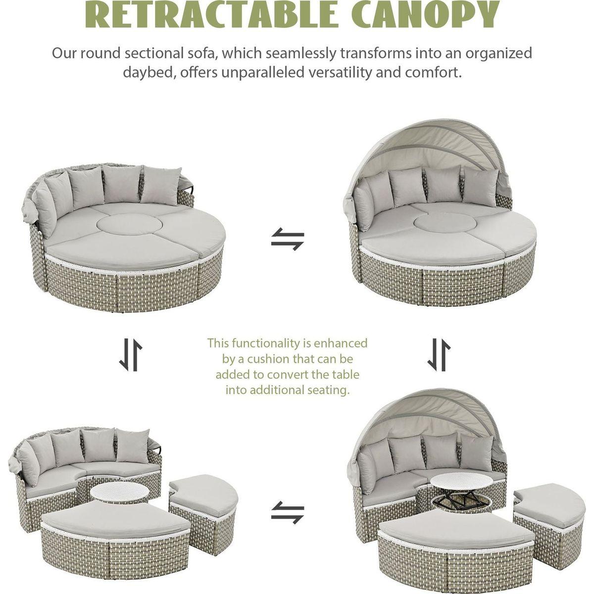 Patio Furniture Round Outdoor Sectional Sofa Set Rattan Daybed Two-Tone Weave Sunbed with Retractable Canopy, Separate Seating and Removable Cushion, Gray