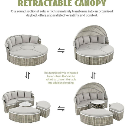 Patio Furniture Round Outdoor Sectional Sofa Set Rattan Daybed Two-Tone Weave Sunbed with Retractable Canopy, Separate Seating and Removable Cushion, Gray