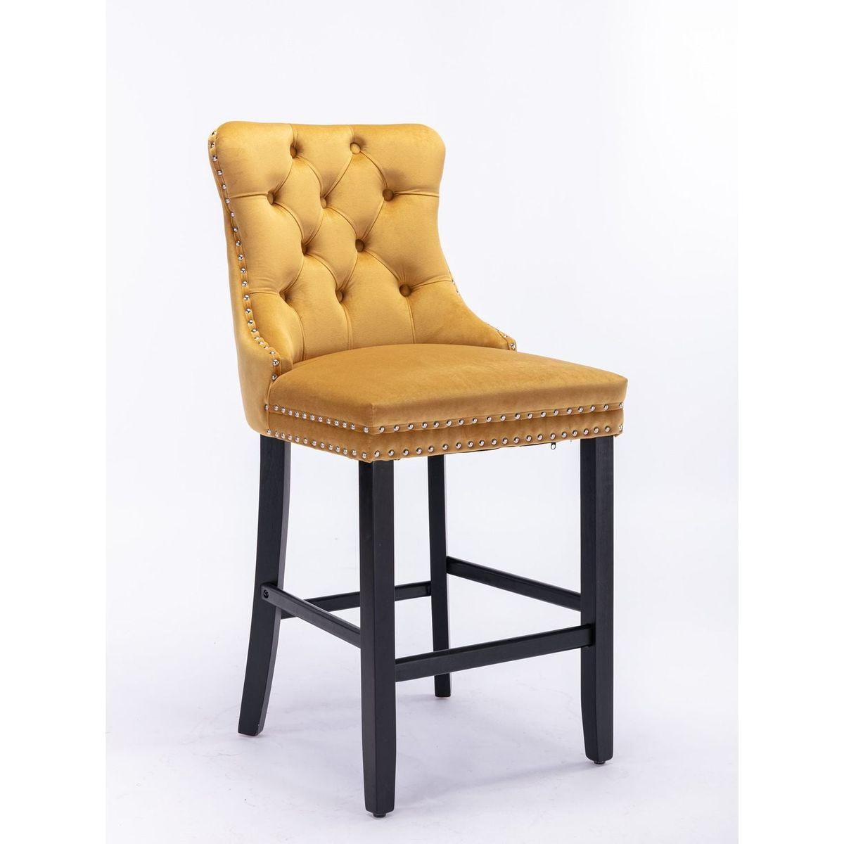 Contemporary Velvet Upholstered Barstools with Button Tufted Decoration and Wooden Legs, and Chrome Nailhead Trim, Leisure Style Bar Chairs,Bar stools, Set of 2 (Golden)