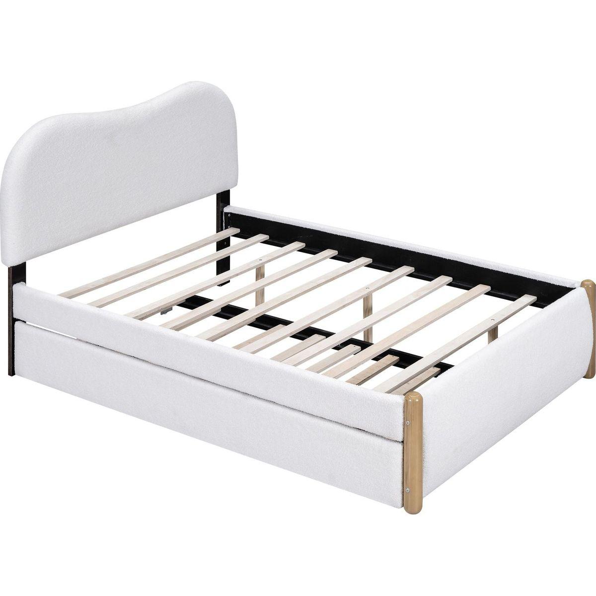 Full Size Upholstered Platform Bed with Wood Supporting Feet and Twin Size Trundle, White