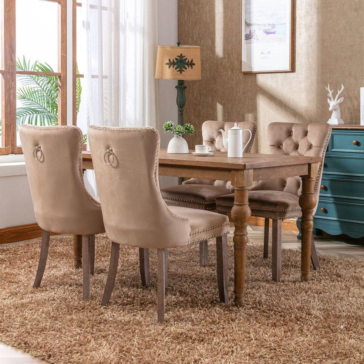 Nikki Collection Modern, High-end Tufted Solid Wood Contemporary Velvet Upholstered Dining Chair with Wood Legs Nailhead Trim 2-Pcs Set, Khaki