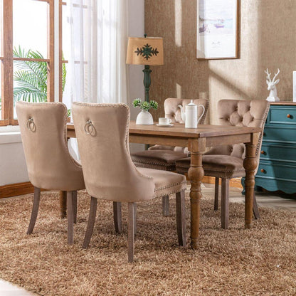 Nikki Collection Modern, High-end Tufted Solid Wood Contemporary Velvet Upholstered Dining Chair with Wood Legs Nailhead Trim 2-Pcs Set, Khaki