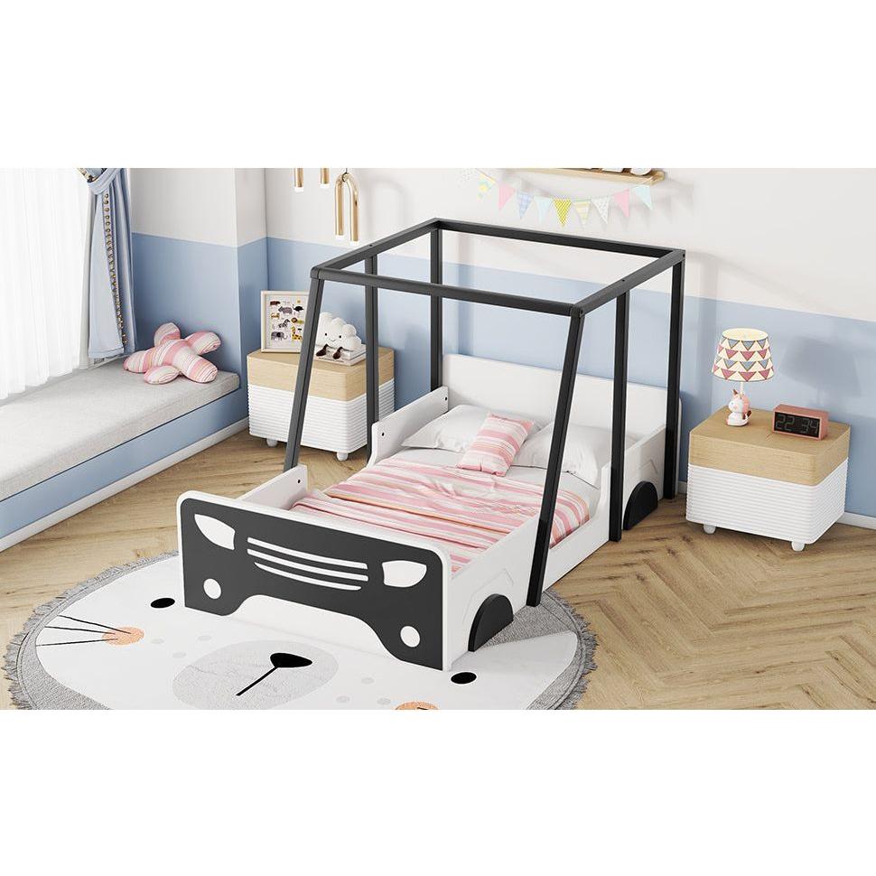 Twin Size Car-shaped Bed with Roof,Wooden Twin Floor Bed with wheels and door Design,Montessori Inspired Bedroom,Black