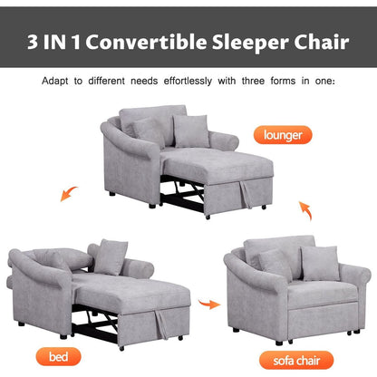 Chenille Convertible Sleeper Chair with Adjustable Backrest, 3 IN 1 Lounger Chair Turns Into Bed, Single Bed for Living Room, Gray